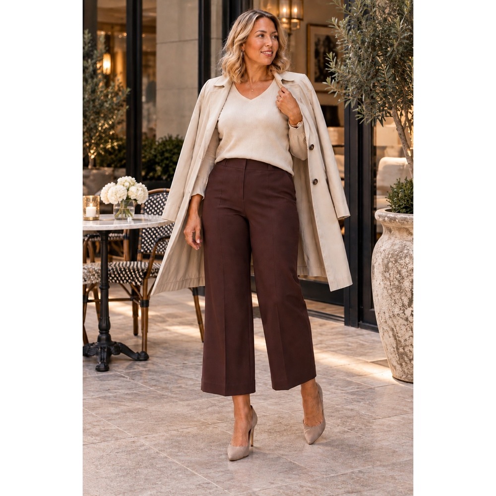 NWT OGL Brown Pintuck Pants Side Zip High Rise Stretch Knit  L